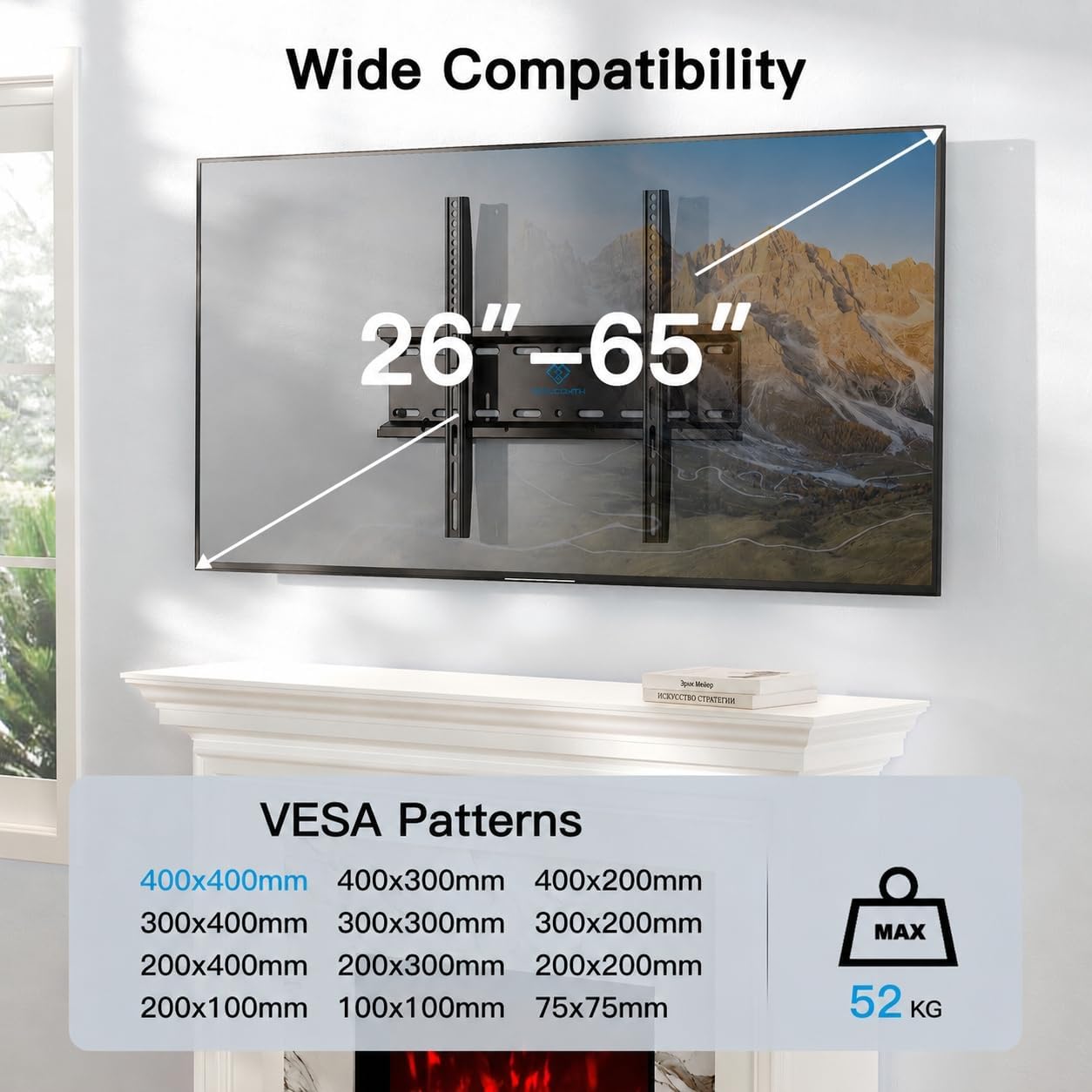 PERLESMITH TV Wall Bracket for 26-65 inch Flat&Curved TV or Monitor up to 52 KG, Sturdy TV Bracket with Max VESA 400X400 mm