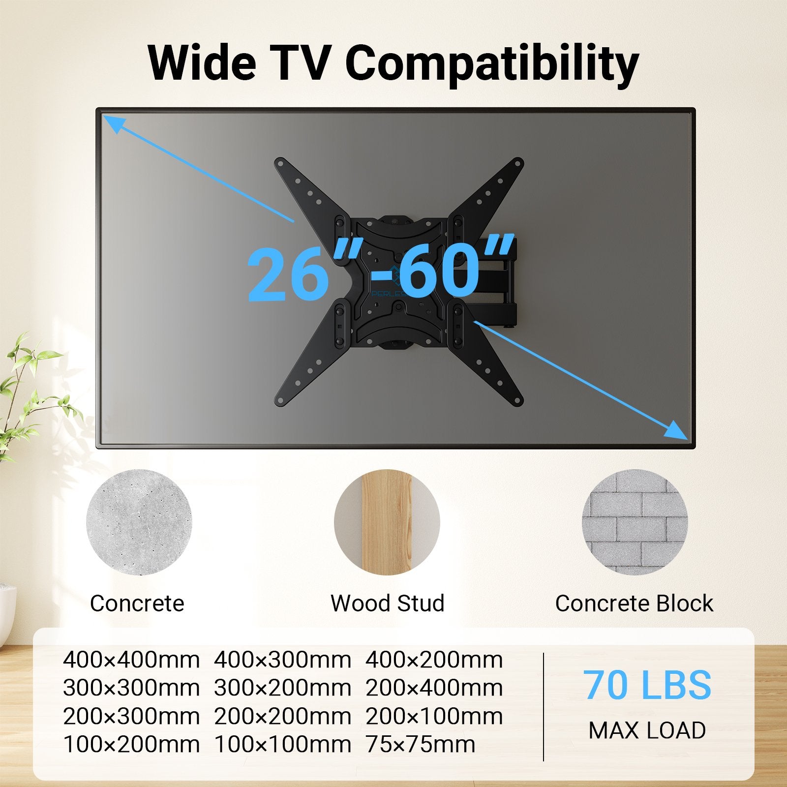 Perlesmith Full Motion TV Wall Mount Bracket for 26 to 60 inch TVs, Max VESA 400x400mm, Holds up to 70lbs, PSMFK18B