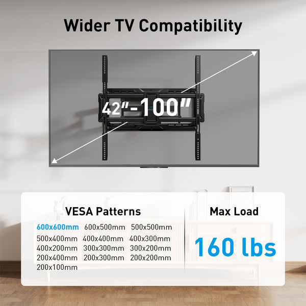 PERLESMITH Full Motion TV Wall Mount, Fits 42-100 Inch TVs, 160 lbs Capacity, Swivel Tilt Extension Leveling, VESA 200x100 to 600x600, Fits 12/16/24 Inch Wood Studs