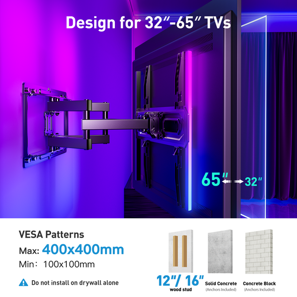 PERLESMITH Full Motion TV Wall Mount for 32-65″ TVs up to 88lbs. Features RGB/LED Lights, Swivel, Tilt, Leveling, Extension, VESA Compatible 100x100-400x400mm, Fits 12&16 On Center Wood Stud Widths