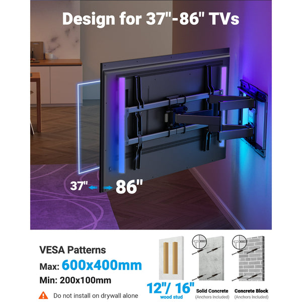 PERLESMITH Full Motion TV Wall Mount for 37-86″ TVs up to 132 lbs, Features RGB/LED Lights, Swivel, Tilt, Leveling, Extension, VESA Compatible 200x100-600x400mm, Fits 12 & 16 on Center Wood Stud Widths