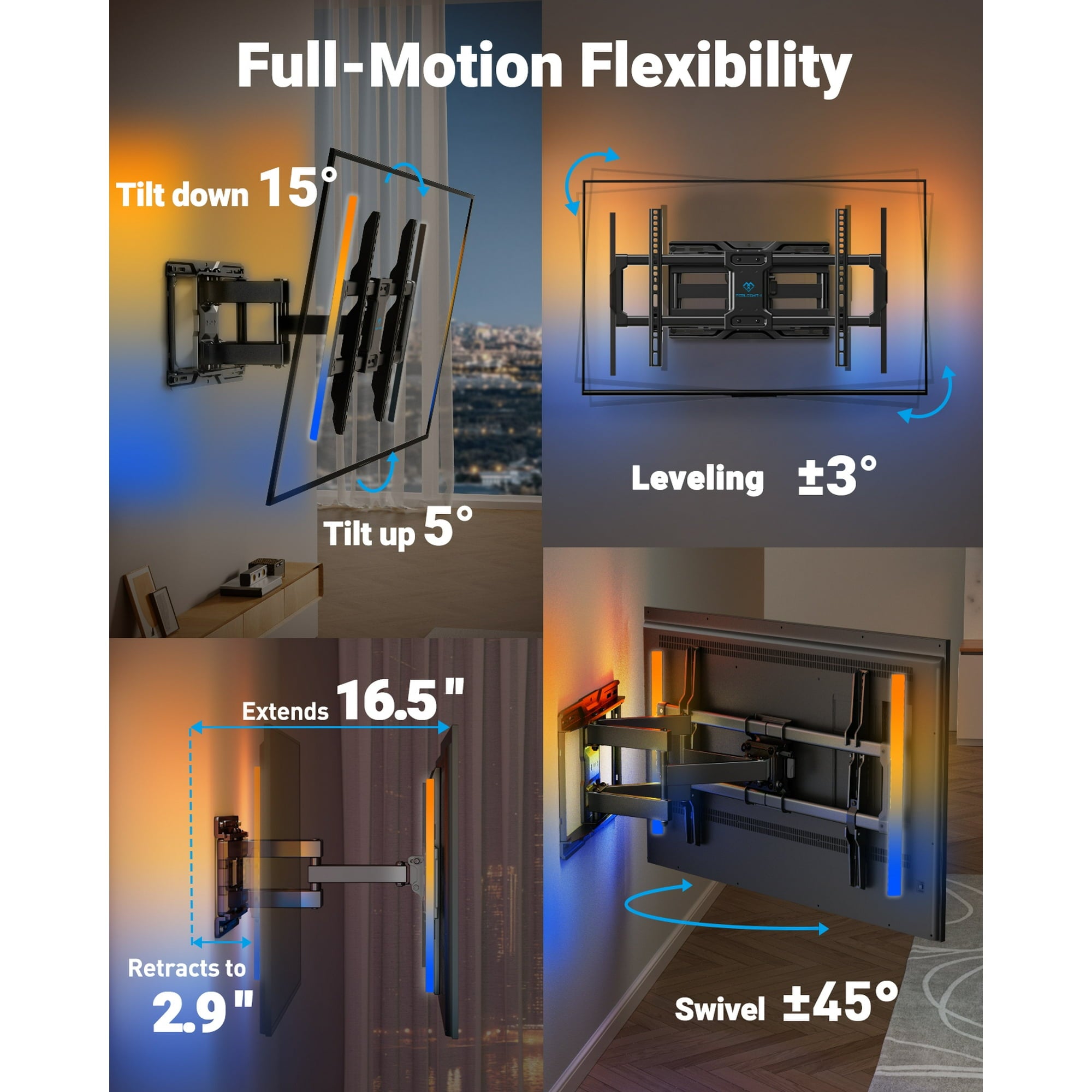 PERLESMITH Full Motion TV Wall Mount for 37-86″ TVs up to 132 lbs, Features RGB/LED Lights, Swivel, Tilt, Leveling, Extension, VESA Compatible 200x100-600x400mm, Fits 12 & 16 on Center Wood Stud Widths