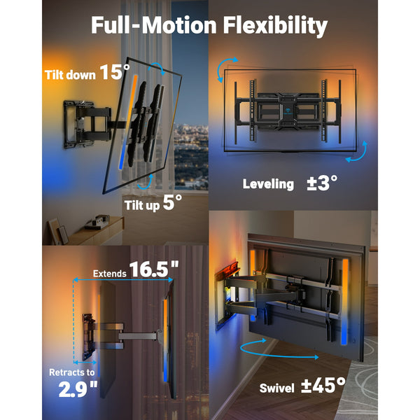 PERLESMITH Full Motion TV Wall Mount for 37-86″ TVs up to 132 lbs, Features RGB/LED Lights, Swivel, Tilt, Leveling, Extension, VESA Compatible 200x100-600x400mm, Fits 12 & 16 on Center Wood Stud Widths