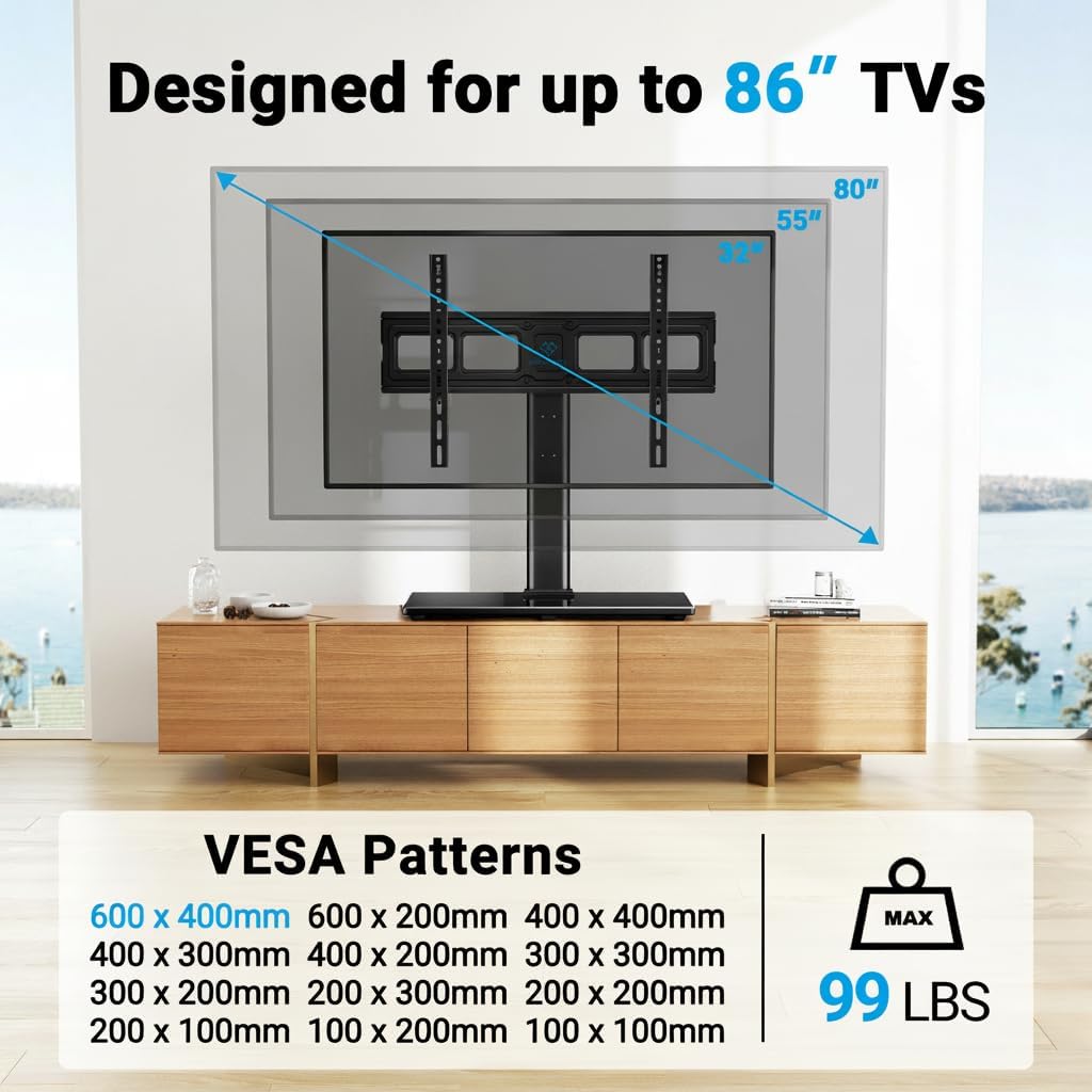 PERLESMITH Swivel Universal TV Stand Mount for 32-86 Inch LCD OLED Flat/Curved Screen TVs up to 99lbs-Height Adjustable Table Top TV Stand/Base with Tempered Glass Base&Wire Management,VESA 600x400mm