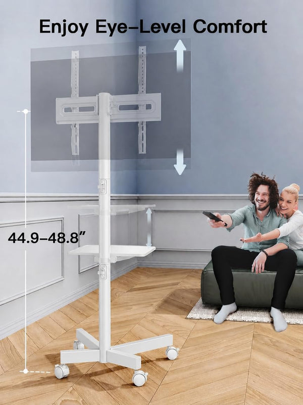 PERLESMITH Rolling White TV Stand for 23–65 Inch TVs up to 99 lbs, Portable TV Stand on Wheels with Height Adjustable Shelf, Outdoor Mobile White TV Cart for Bedroom, Max VESA 400x400mm, PSTVMC04W