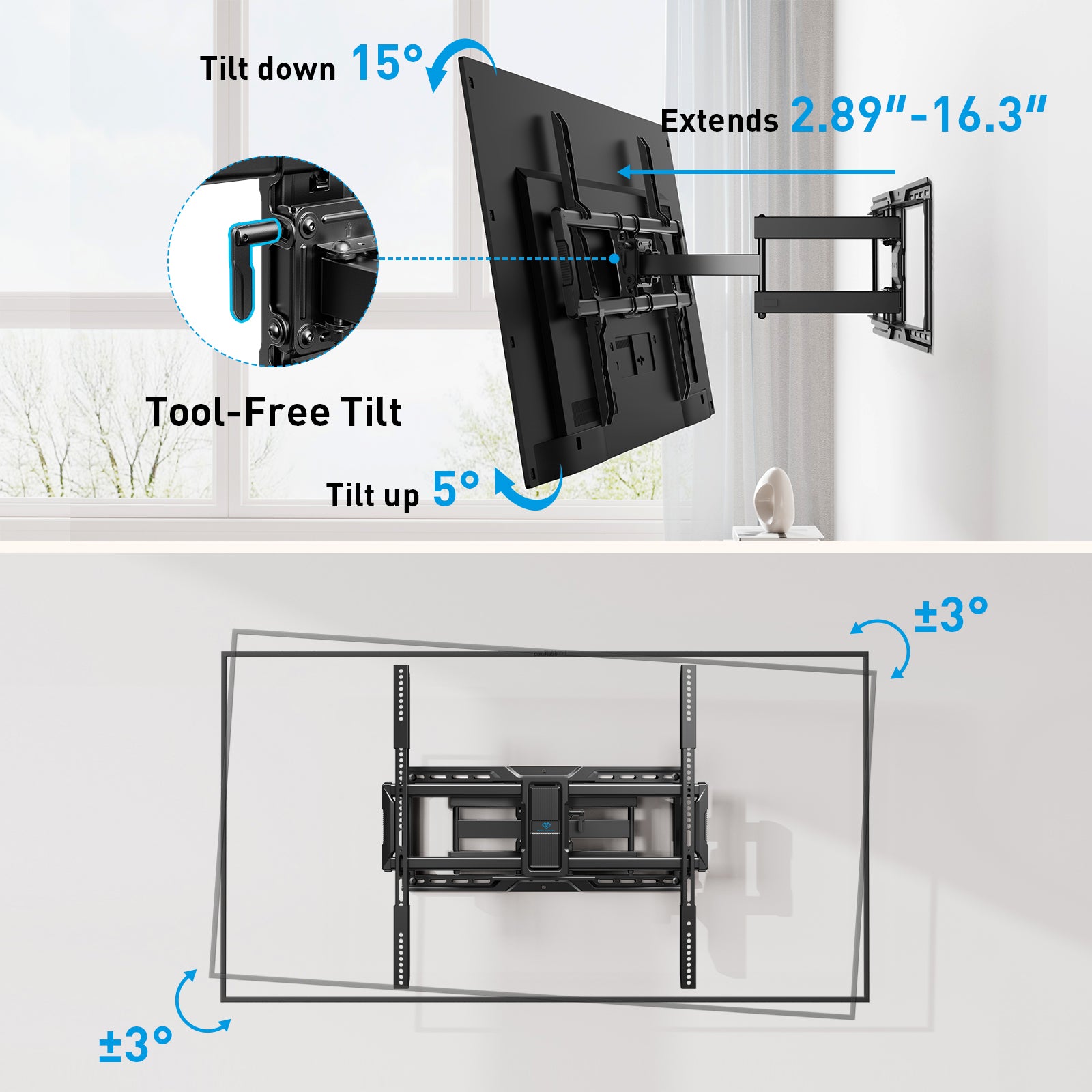 PERLESMITH Full Motion TV Wall Mount, Fits 42-100 Inch TVs, 160 lbs Capacity, Swivel Tilt Extension Leveling, VESA 200x100 to 600x600, Fits 12/16/24 Inch Wood Studs