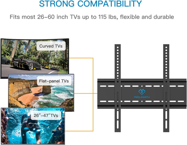 PERLESMITH Fixed TV Wall Mount Bracket, Low Profile Design for Most 26-60 inch LED LCD OLED-4K Flat Screen TVs up to 115lb, Ultra Slim Fixed TV Mount with Max VESA 400x400mm Fits 16 inch Wood Stud