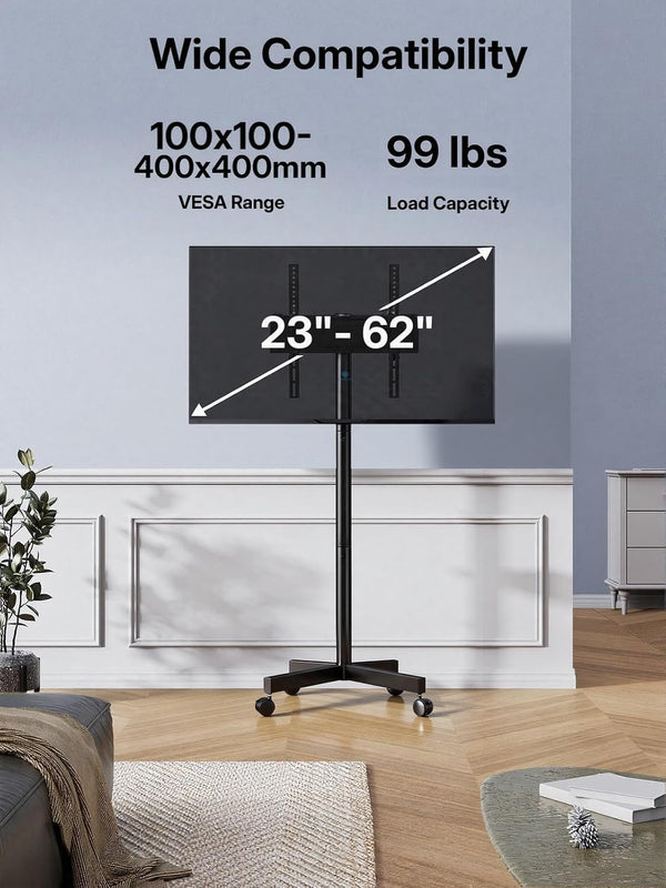 PERLESMITH Rolling TV Stand for 23–62 Inch TVs, Outdoor Mobile TV Cart Holds up to 99 lbs, Portable TV Stand on Wheels for Bedroom and Living Room, Max VESA 400x400mm, PSTVMC04B-B