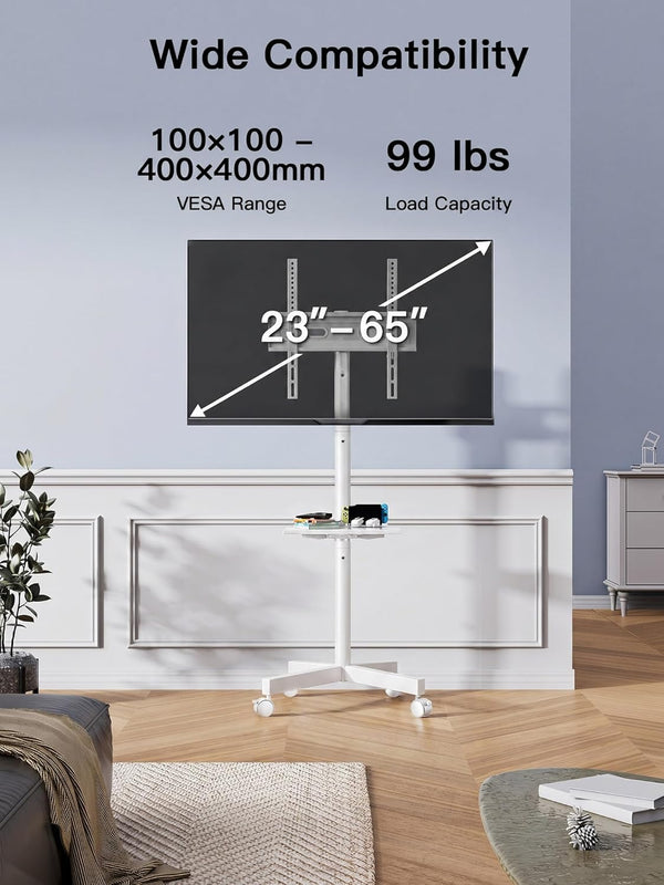PERLESMITH Rolling White TV Stand for 23–65 Inch TVs up to 99 lbs, Portable TV Stand on Wheels with Height Adjustable Shelf, Outdoor Mobile White TV Cart for Bedroom, Max VESA 400x400mm, PSTVMC04W