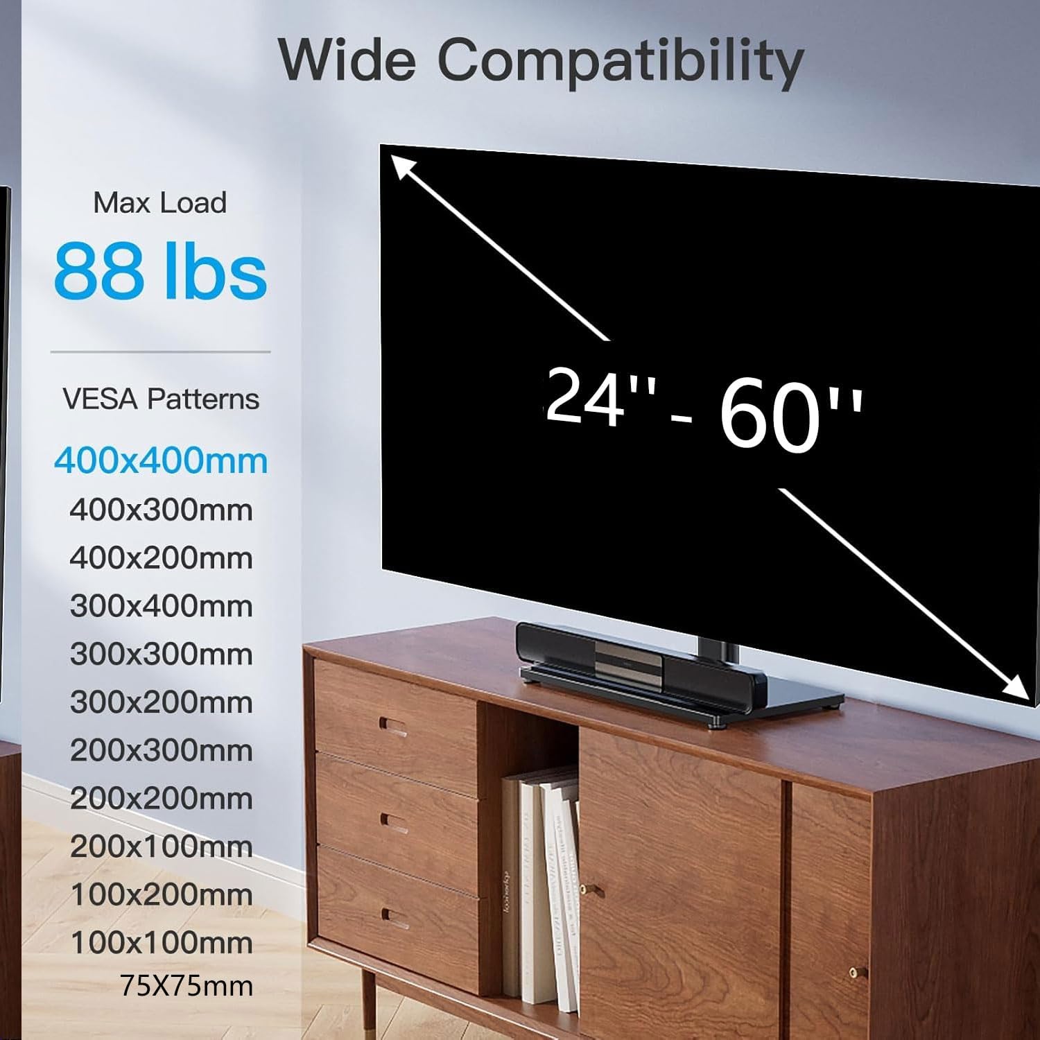 PERLESMITH Universal TV Stand Legs for 24-60 inch TVs to 88lbs with Mount, -/+30° swivel, Height adjustable, Tempered glass base, Max VESA 400x400mm, Livingroom & Bedroom, PSTVS09