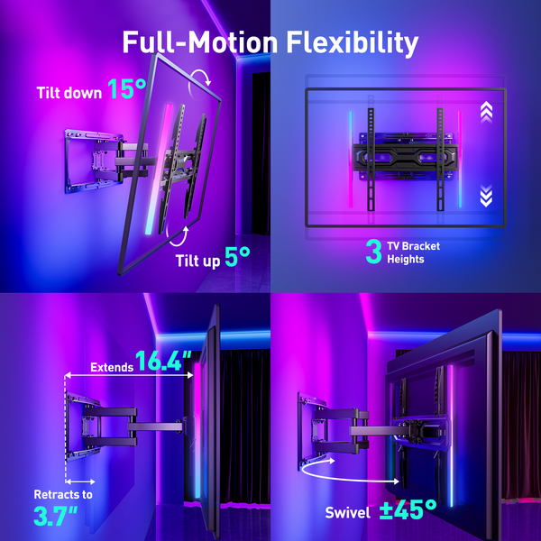 PERLESMITH Full Motion TV Wall Mount for 32-65″ TVs up to 88 lbs, Features RGB/LED Lights, Swivel, Tilt, Leveling, Extension, VESA Compatible 100x100-400x400mm, Fits 12 & 16 on Center Wood Stud Widths