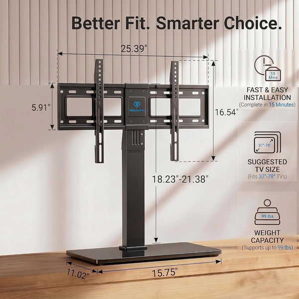 PERLESMITH Universal TV Stand Legs for 37-78 inch TVs to 99lbs with Mount, -/+30° swivel, 9 Height adjustable, Tempered glass base, Max VESA 600x400mm, Livingroom & Bedroom, PSTVS13