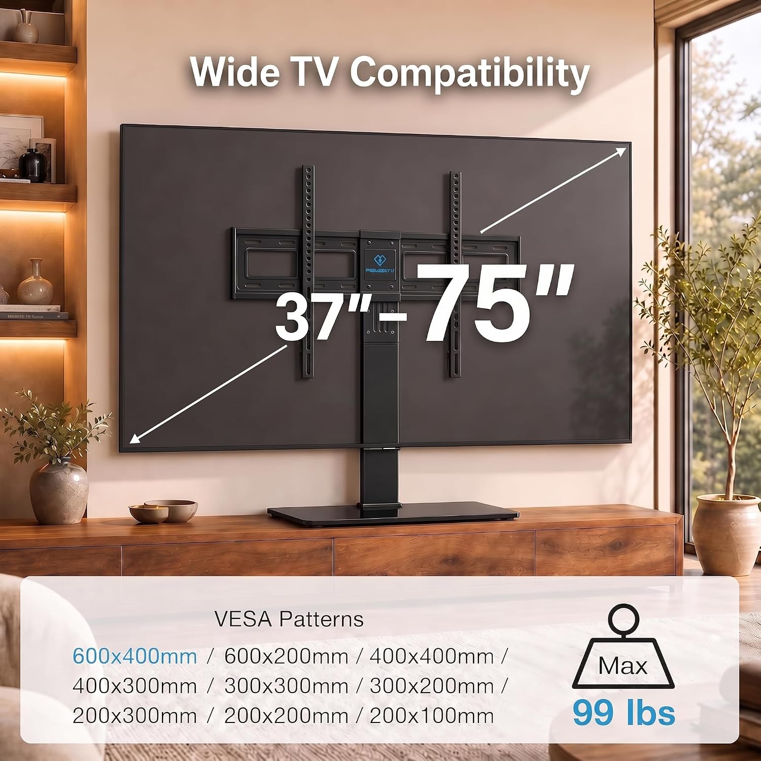PERLESMITH Universal TV Stand Legs for 37-78 inch TVs to 99lbs with Mount, -/+30° swivel, 9 Height adjustable, Tempered glass base, Max VESA 600x400mm, Livingroom & Bedroom, PSTVS13