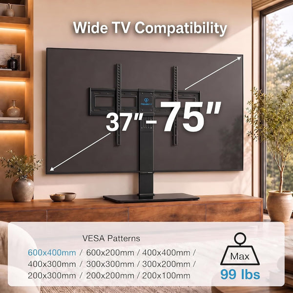 PERLESMITH Universal TV Stand Legs for 37-78 inch TVs to 99lbs with Mount, -/+30° swivel, 9 Height adjustable, Tempered glass base, Max VESA 600x400mm, Livingroom & Bedroom, PSTVS13