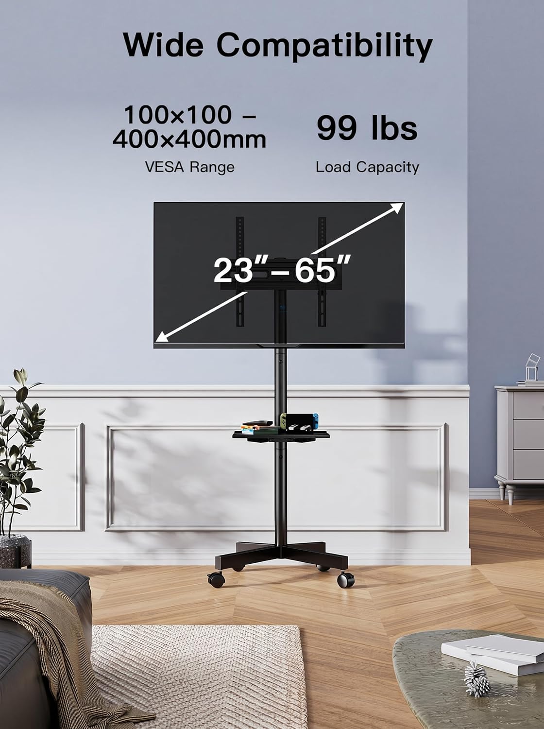 PERLESMITH Rolling TV Stand on Wheels for 23-65 Inch TVs,Tilt Mobile TV Cart Holds up to 99 lbs with Adjustable Height Shelf, Outdoor TV Stand for Bedroom Max VESA 400x400mm PSTVMC04