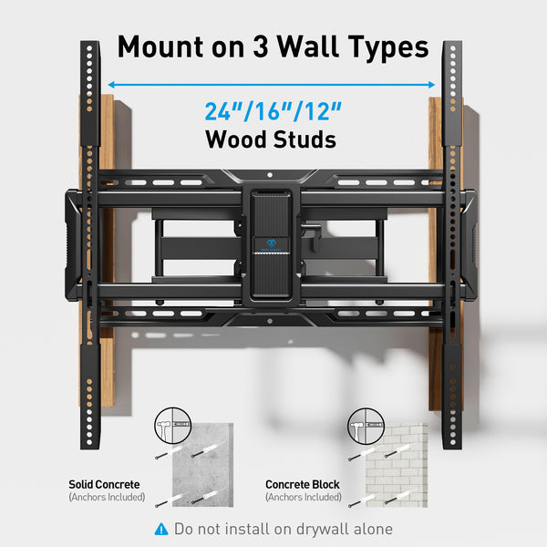 PERLESMITH Full Motion TV Wall Mount, Fits 42-100 Inch TVs, 160 lbs Capacity, Swivel Tilt Extension Leveling, VESA 200x100 to 600x600, Fits 12/16/24 Inch Wood Studs