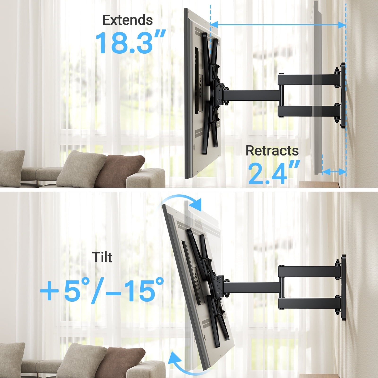 Perlesmith Full Motion TV Wall Mount Bracket for 26 to 60 inch TVs, Max VESA 400x400mm, Holds up to 70lbs, PSMFK18B