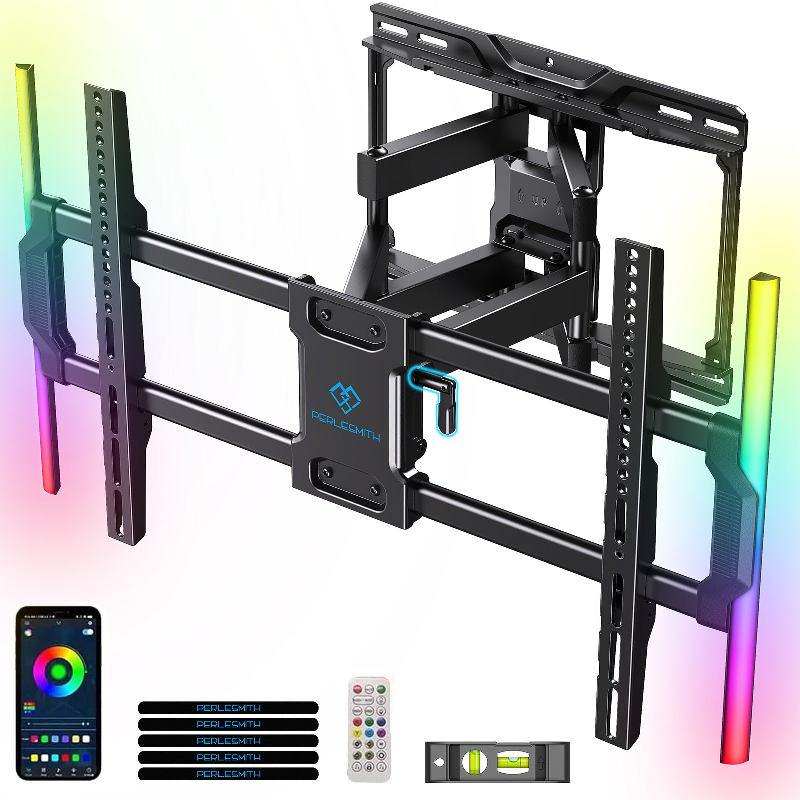 PERLESMITH Full Motion TV Wall Mount for 37-86″ TVs up to 132lbs. Features RGB/LED Lights, Swivel, Tilt, Leveling, Extension, VESA Compatible 200x100-600x400mm, Fits 12&16 On Center Wood Stud Widths