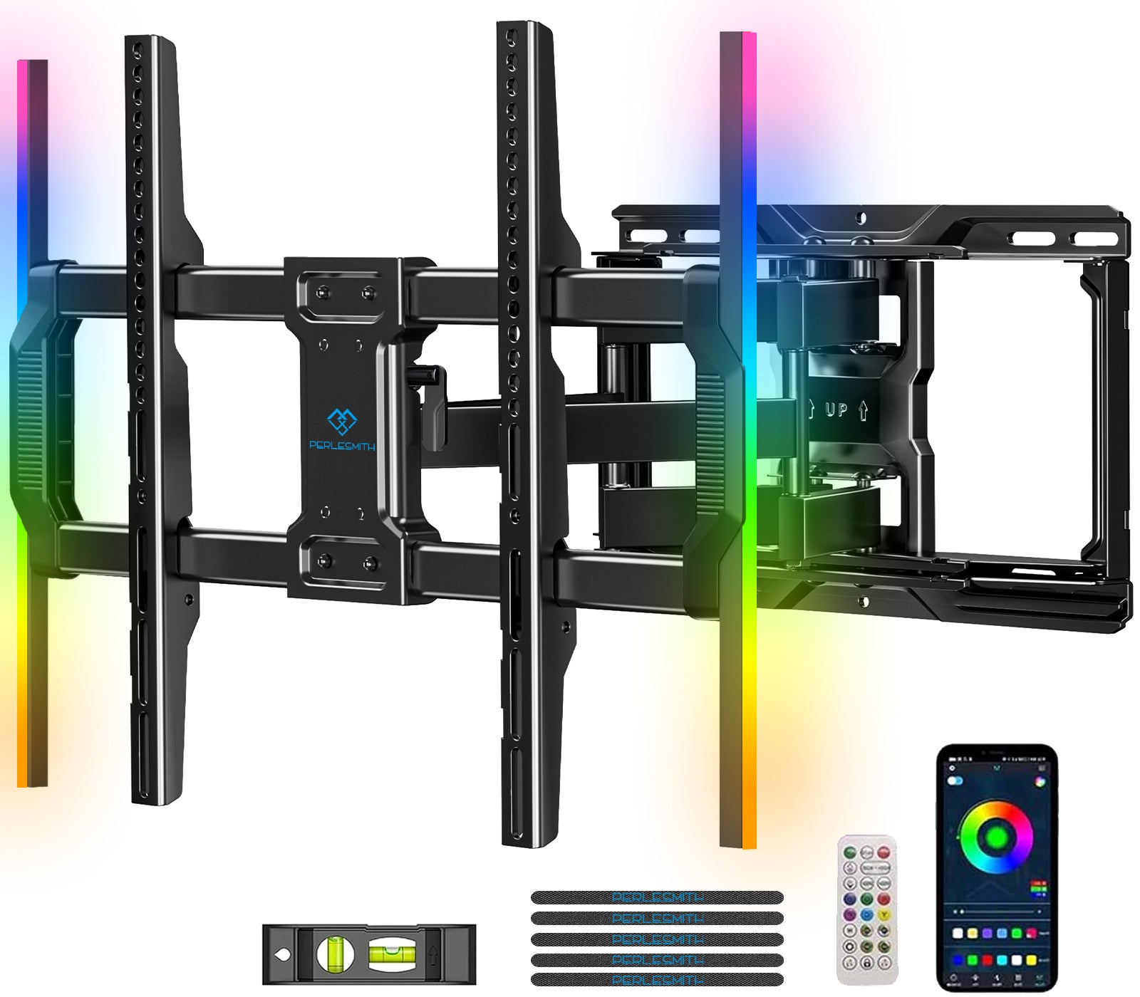 PERLESMITH Full Motion TV Wall Mount for 37-86″ TVs up to 132lbs. Features RGB/LED Lights, Swivel, Tilt, Leveling, Extension, VESA Compatible 200x100-600x400mm, Fits 12&16 On Center Wood Stud Widths