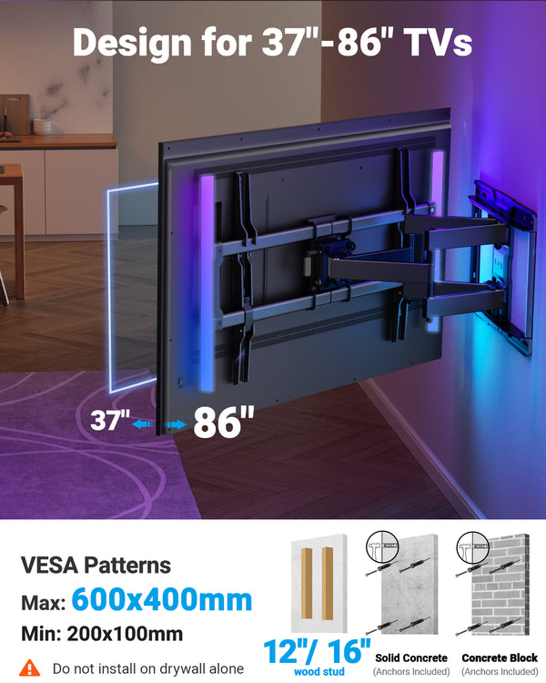 PERLESMITH Full Motion TV Wall Mount for 37-86″ TVs up to 132lbs. Features RGB/LED Lights, Swivel, Tilt, Leveling, Extension, VESA Compatible 200x100-600x400mm, Fits 12&16 On Center Wood Stud Widths