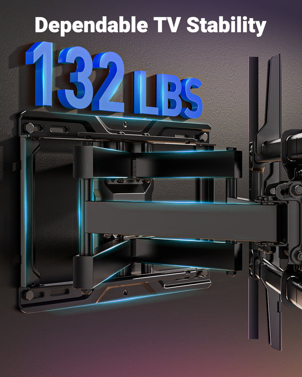 PERLESMITH Full Motion TV Wall Mount for 37-86″ TVs up to 132lbs. Features RGB/LED Lights, Swivel, Tilt, Leveling, Extension, VESA Compatible 200x100-600x400mm, Fits 12&16 On Center Wood Stud Widths