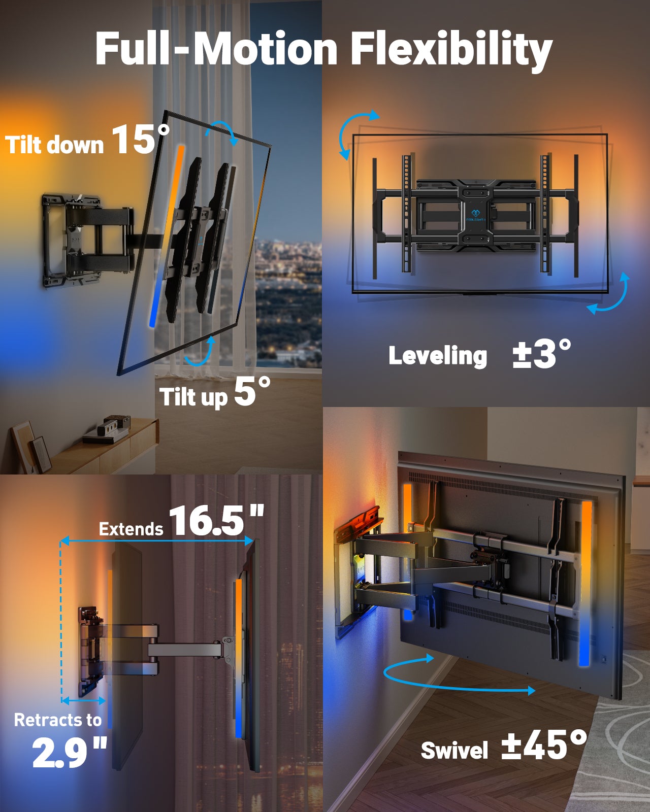 PERLESMITH Full Motion TV Wall Mount for 37-86″ TVs up to 132lbs. Features RGB/LED Lights, Swivel, Tilt, Leveling, Extension, VESA Compatible 200x100-600x400mm, Fits 12&16 On Center Wood Stud Widths