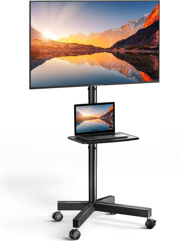 PERLESMITH Rolling TV Stand on Wheels for 23-65 Inch TVs,Tilt Mobile TV Cart Holds up to 99 lbs with Adjustable Height Shelf, Outdoor TV Stand for Bedroom Max VESA 400x400mm PSTVMC04