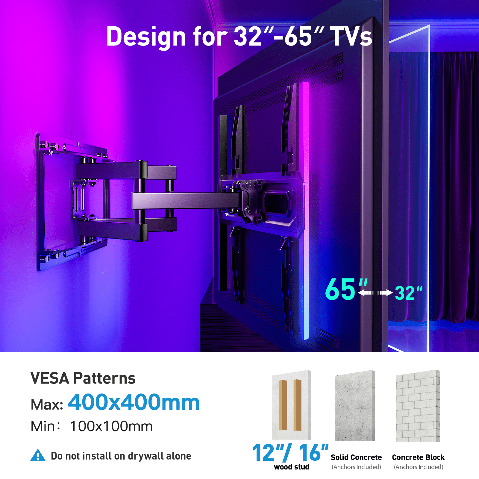PERLESMITH Full Motion TV Wall Mount for 32-65″ TVs up to 88 lbs, Features RGB/LED Lights, Swivel, Tilt, Leveling, Extension, VESA Compatible 100x100-400x400mm, Fits 12 & 16 on Center Wood Stud Widths