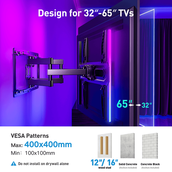 PERLESMITH Full Motion TV Wall Mount for 32-65″ TVs up to 88 lbs, Features RGB/LED Lights, Swivel, Tilt, Leveling, Extension, VESA Compatible 100x100-400x400mm, Fits 12 & 16 on Center Wood Stud Widths