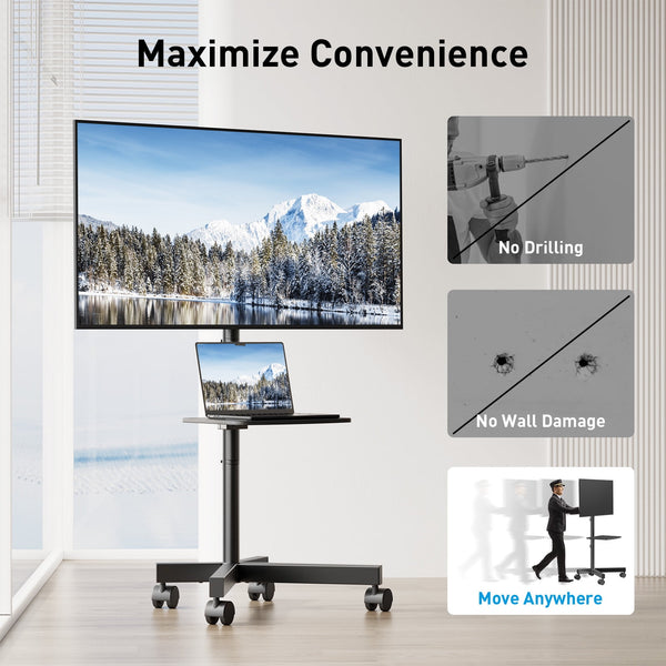 Perlesmith Mobile Rolling TV Stand Cart for 26-65" Flat Panel TVs, Heavy Duty Tilt TV Stand Wheels, Max VESA 400x400mm, Height Adjustable, PSTVMC10