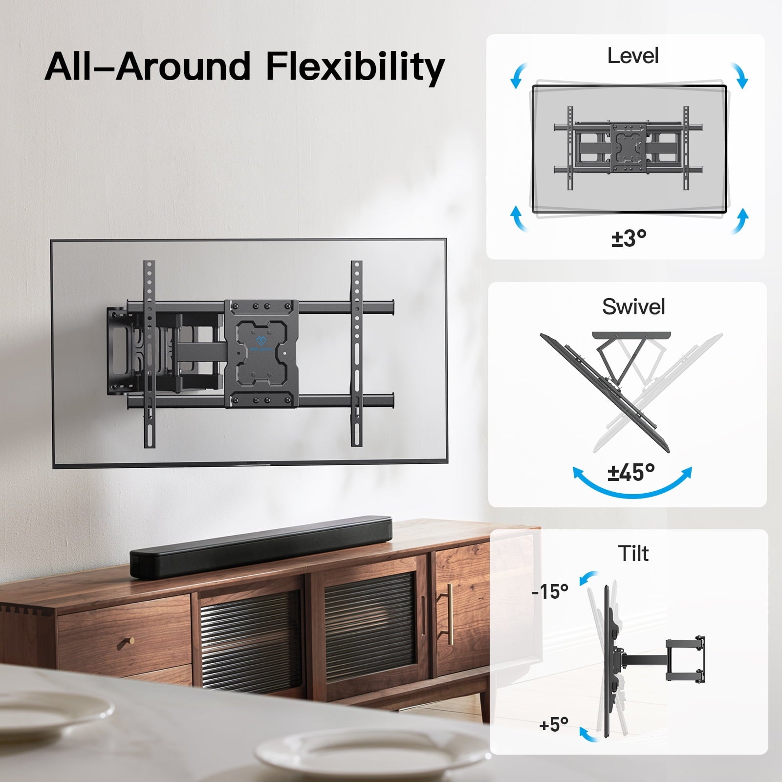 PERLESMITH Full Motion TV Wall Mount Bracket for 37 to 86 inch TVs , Holds up to 132 lbs, PSLFK10