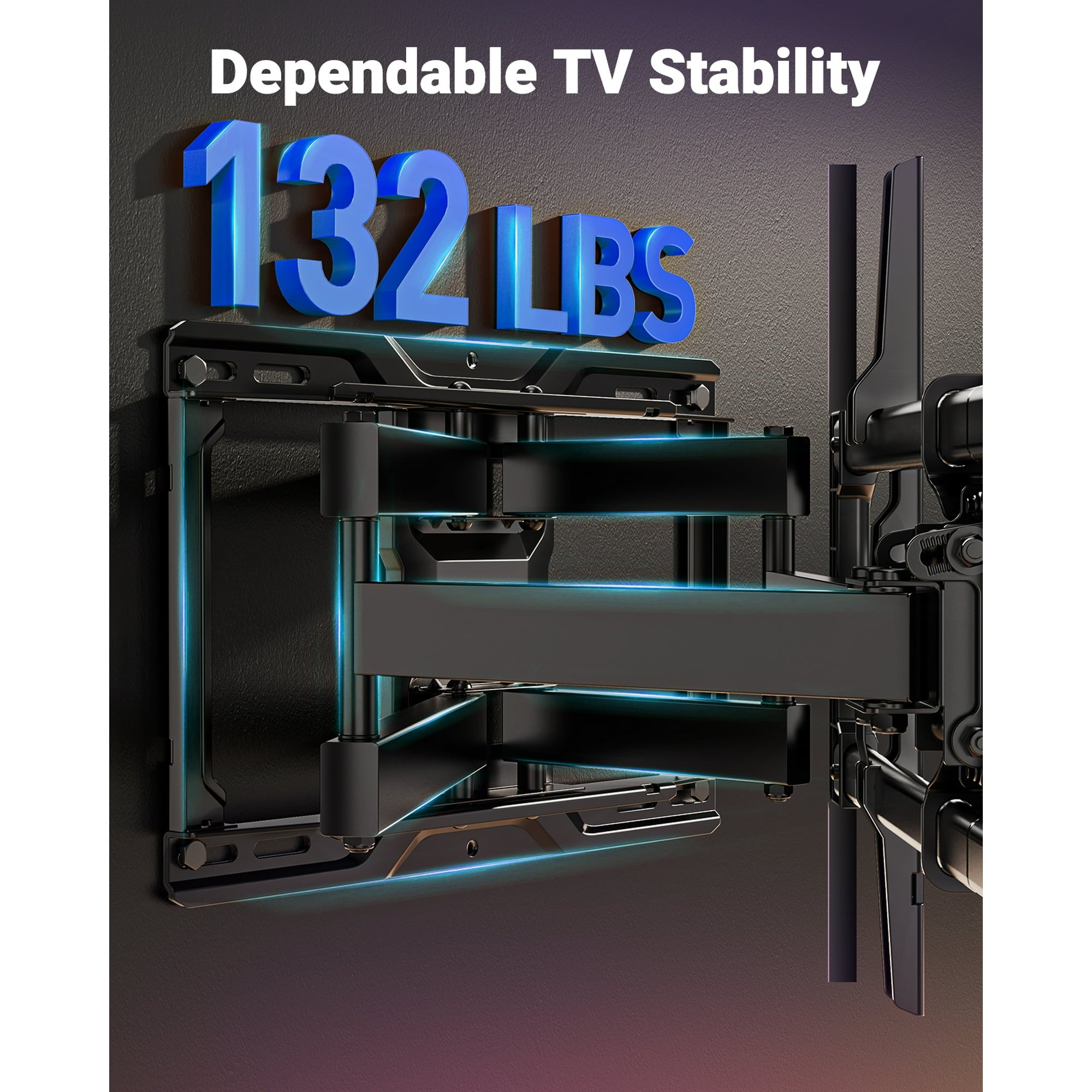 PERLESMITH Full Motion TV Wall Mount for 37-86″ TVs up to 132 lbs, Features RGB/LED Lights, Swivel, Tilt, Leveling, Extension, VESA Compatible 200x100-600x400mm, Fits 12 & 16 on Center Wood Stud Widths