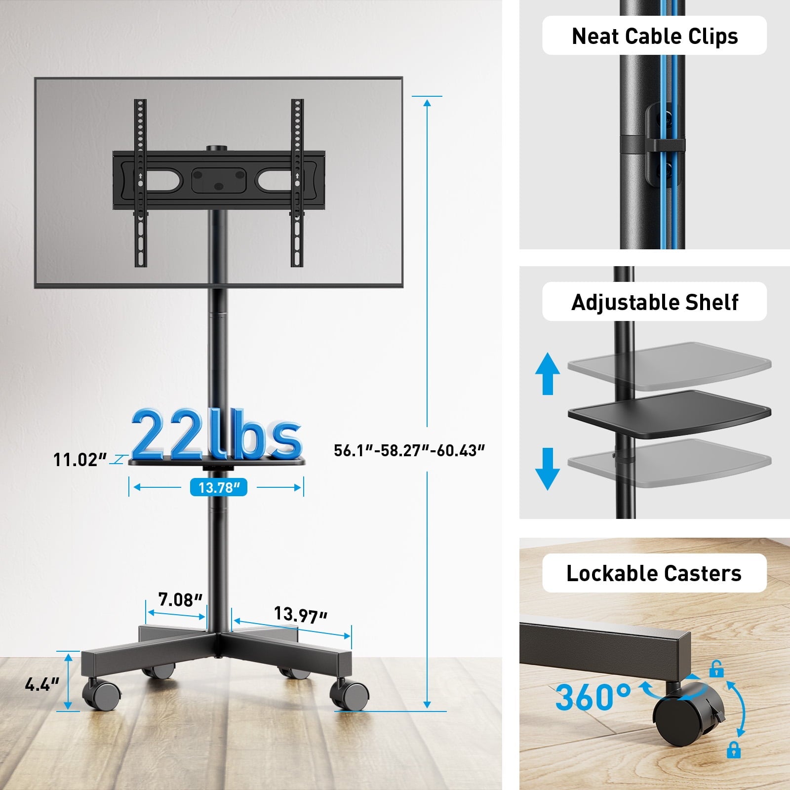 PERLESMITH Mobile Rolling TV Stand Cart for 23-60