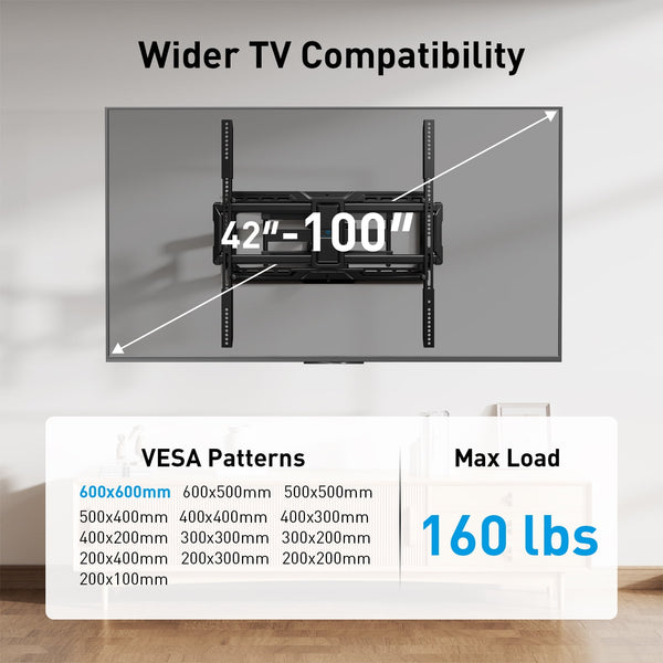 PERLESMITH Full Motion TV Wall Mount, Fits 42-100 Inch TVs, 160 lbs Capacity, Swivel Tilt Extension Leveling, VESA 200x100 to 600x600, Fits 12/16/24 Inch Wood Studs