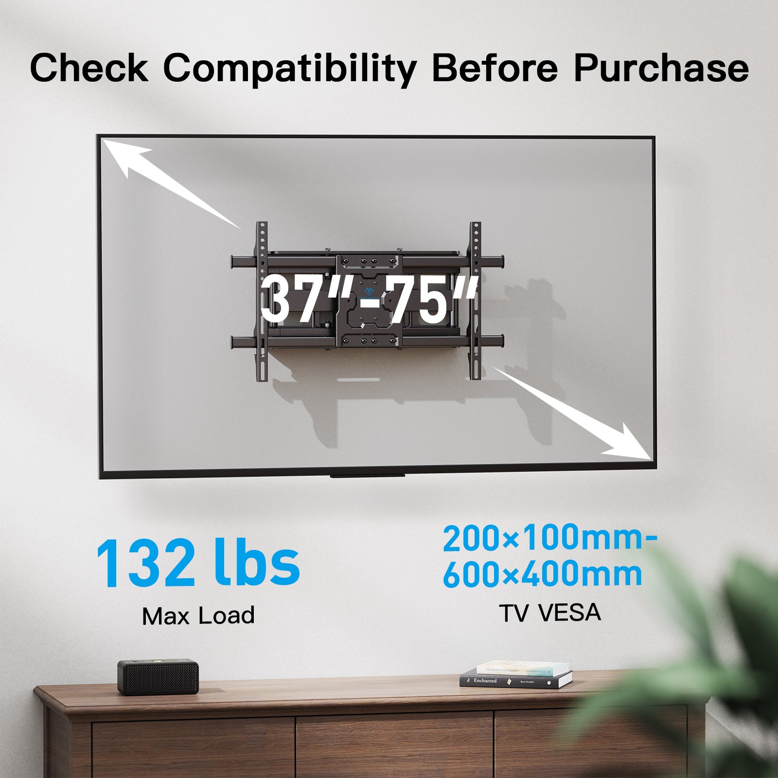 Perlesmith Full Motion TV Wall Mount Bracket for 37 to 75 inch TVs , Holds up to 132 lbs, PSLFK10
