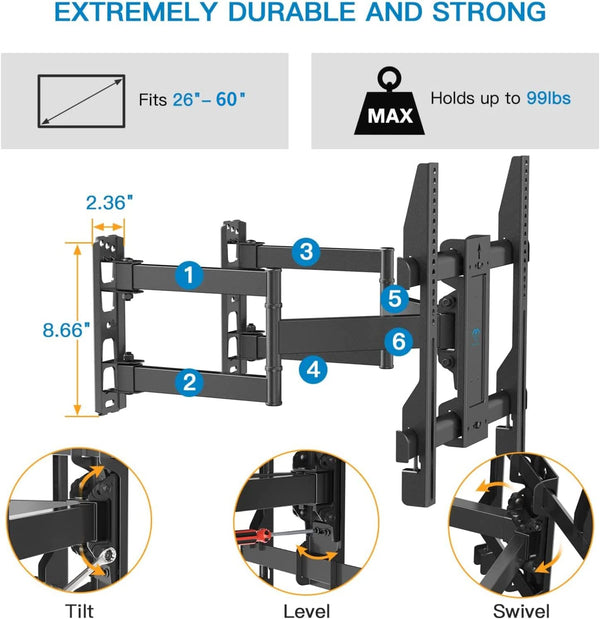 Full Motion Corner TV Wall Mount For 26" To 60" TVs