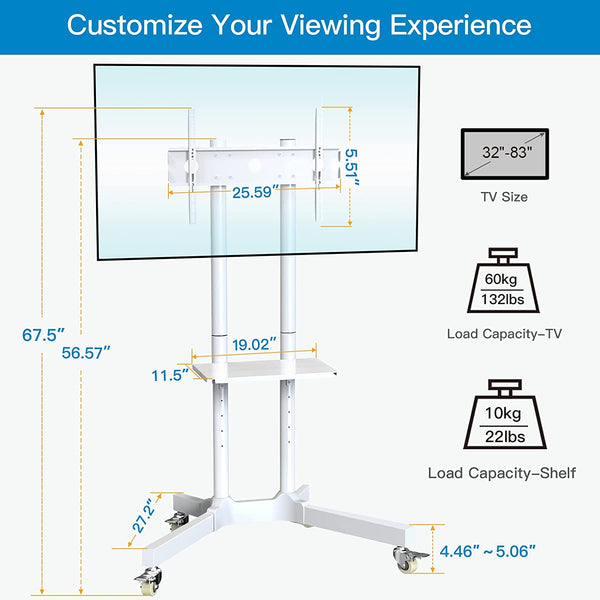PERLESMITH Carrito de TV móvil con ruedas para televisores de pantalla  plana LCD LED 4K de 32 a 82 pulgadas - Soporte de suelo de TV con estante