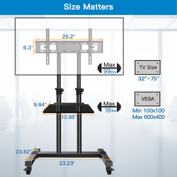 PERLESMITH PSTVMC03 - Soporte móvil de TV con ruedas para pantallas de  panel plano/curvado de 32 a 75 pulgadas, altura ajustable, soporta hasta 99